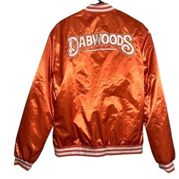 Dabwoods Orange Satin Bomber Jacket With Striped Ribbed Trim & Snap Buttons - Picture 9 of 12